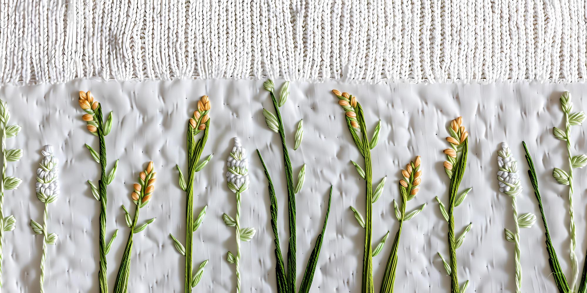 Close-up of embroidered botanical motif in natural light